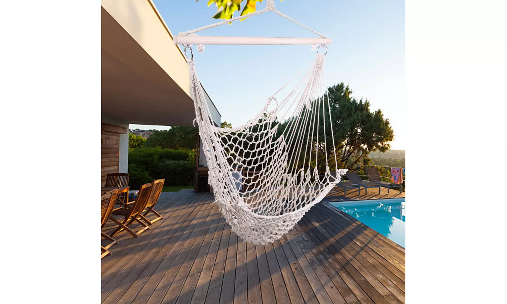 Cotton Hammock Chair Solid Rope with Wooden Bar for Outdoor Patio Beige - Primary Image