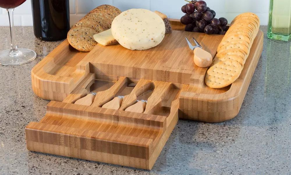 Bamboo Cheese Serving Tray with 4 Piece Cutlery Set by Classic Cuisine