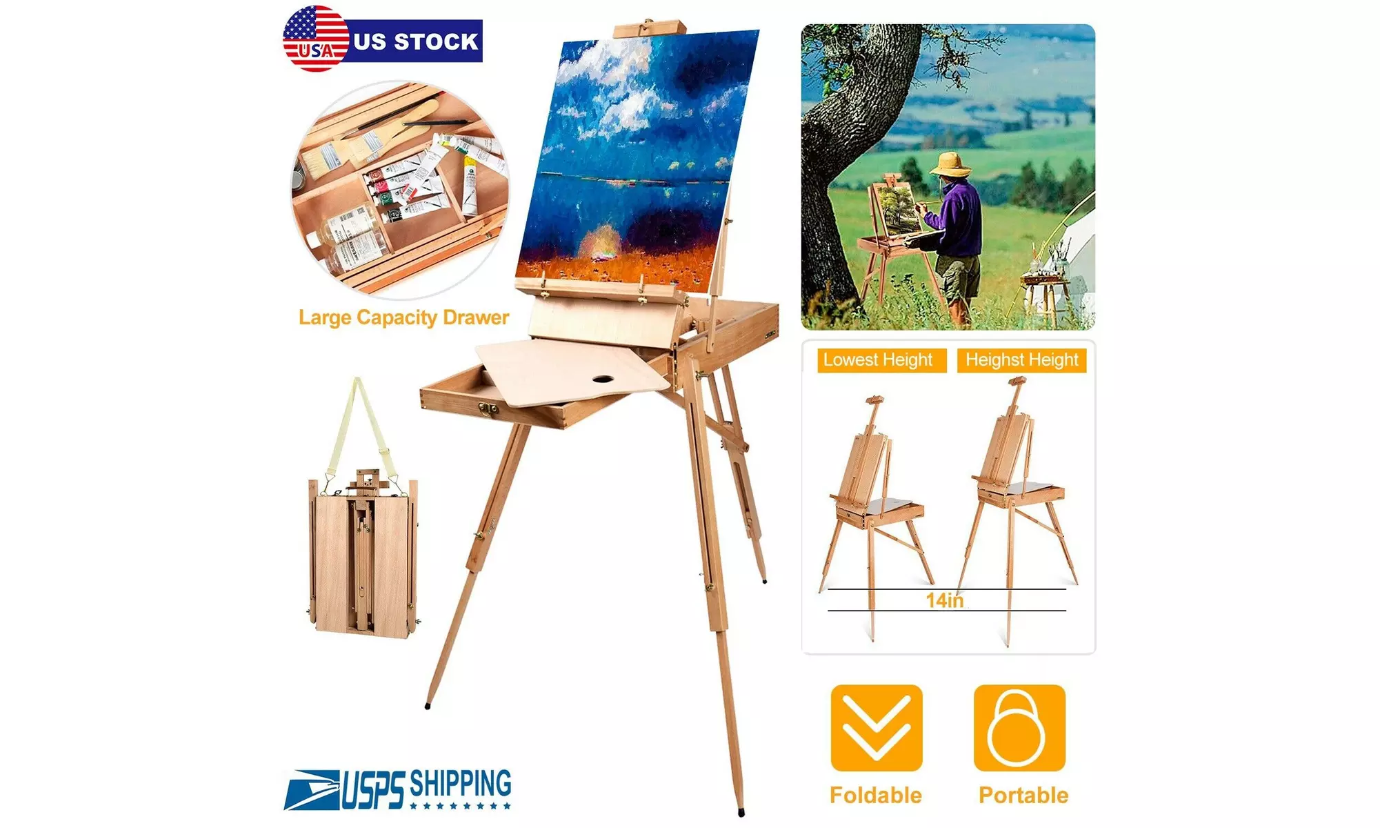 Portable French Easel Wooden Sketch Box Folding Beech Art Artist Painters Tripod - Primary Image