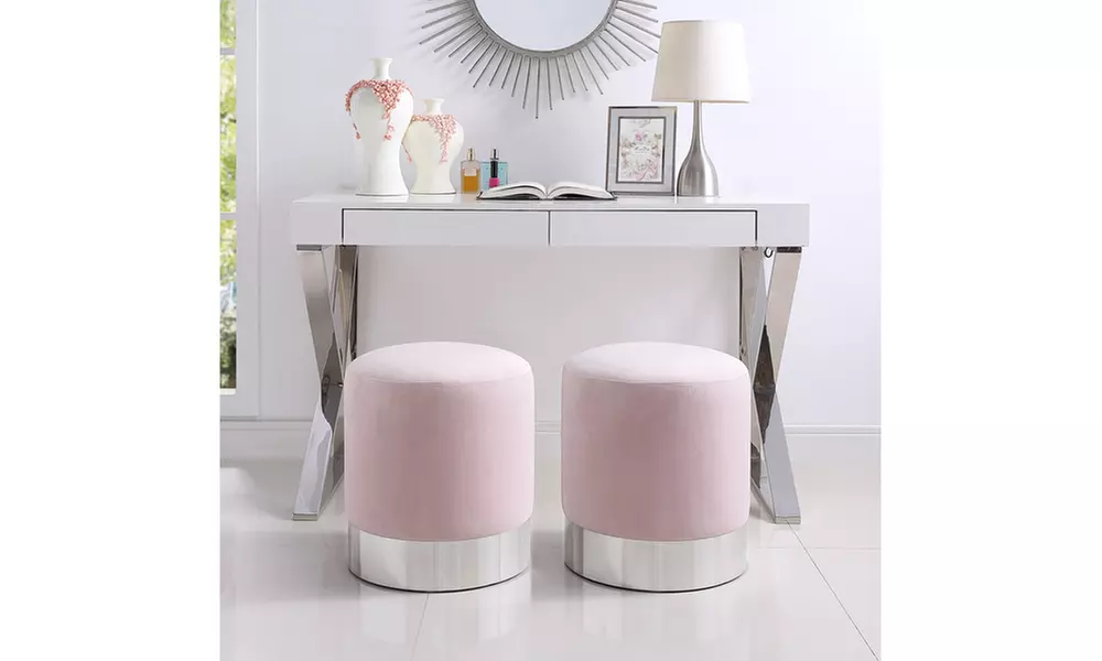  Sadie Velvet Round Ottoman with Metal Base  - Primary Image