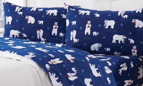 Premium Turkish Cotton Lodge Printed Flannel Sheet Set Twin Navy Polar Bears