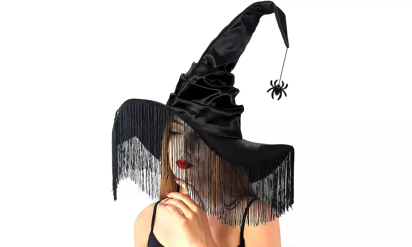 Halloween Wide Brim Wicked Witches Hat with Tassels & Spider Decorations - Primary Image