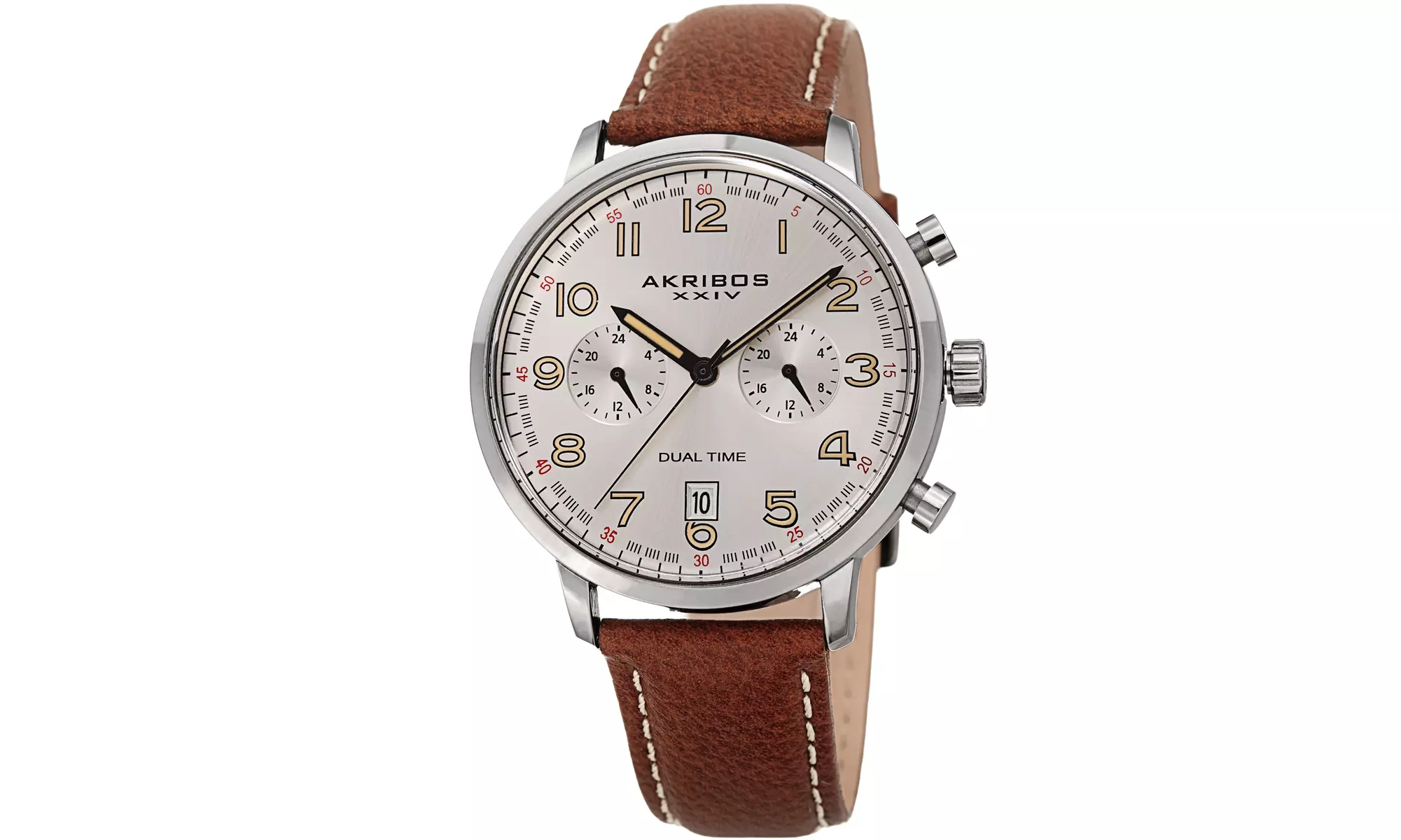Akribos XXIV Men's Chronograph Date Brown Leather Strap Watch