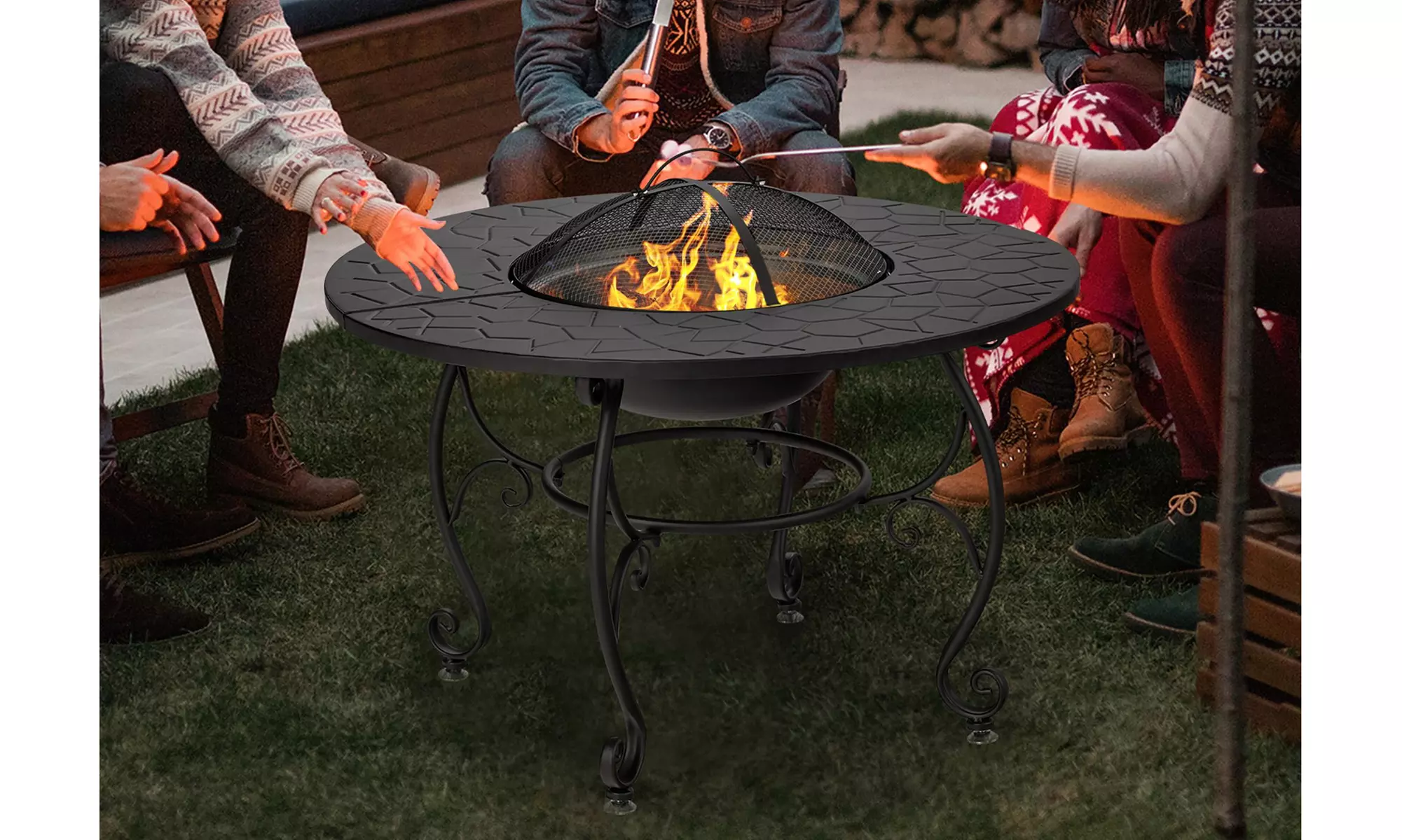 Costway 35.5'' Patio Fire Pit Dining Table Charcoal Wood Burning Cooking BBQ - Primary Image