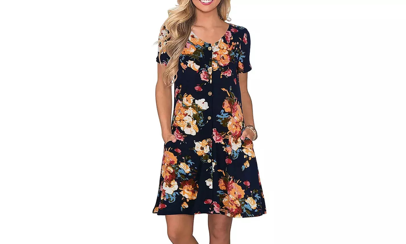 LESIES Women's Summer Casual Tunic Dresses Button Down Swing Dress with Pockets