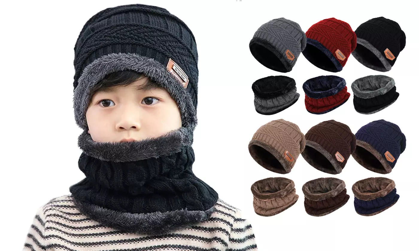 2 PCS Boys Girls Winter Hat Scarf Set Warm Snow Knit Beanie Slouchy Skull Cap  - Primary Image