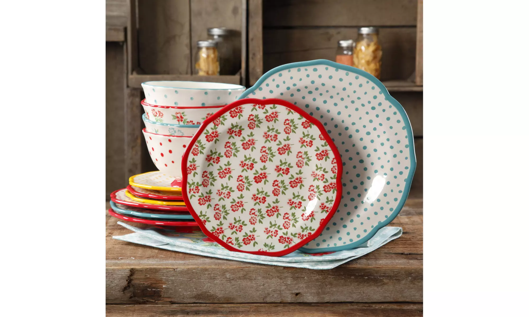The Pioneer Woman Timeless Floral & Retro Dot 12-Piece Dinnerware Set - Second Medium