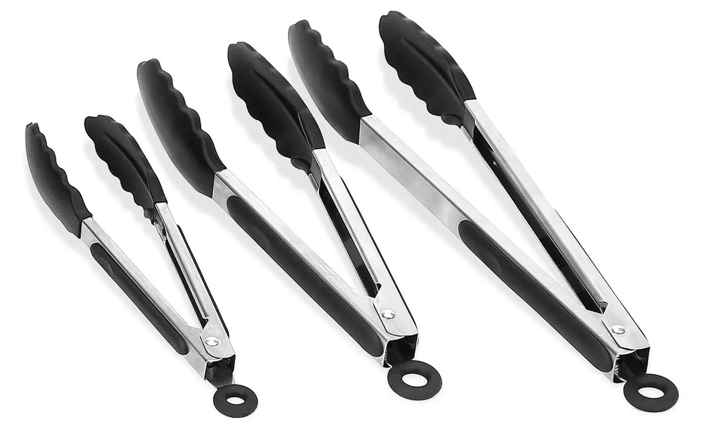 iMounTEK Stainless Steel Locking Tongs Set with Silicone Tips for BBQ & Kitchen