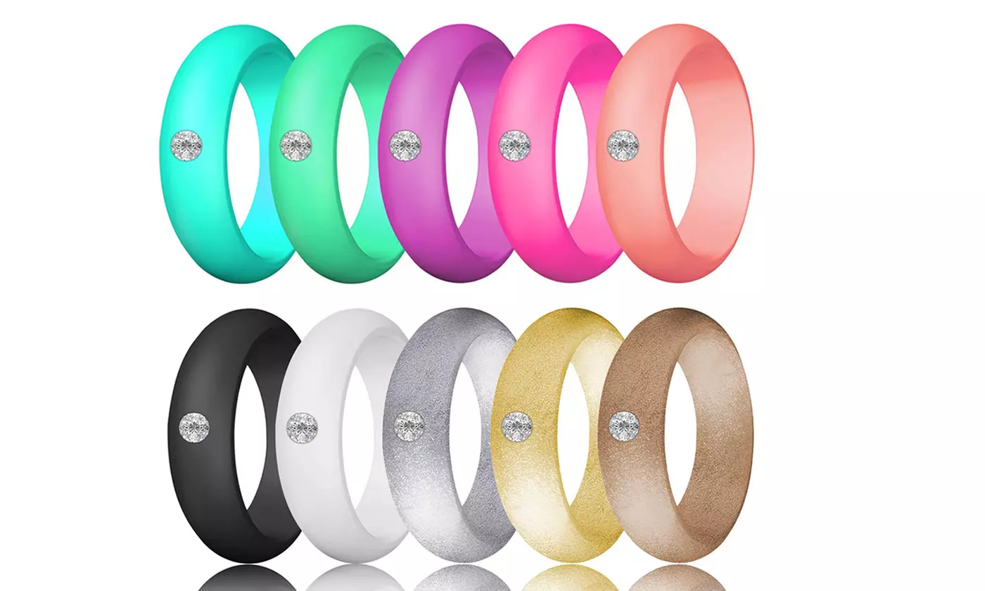 10 Pcs Women Silicone Diamond Wedding Rubber Ring Band Solitaire Rhinestone 