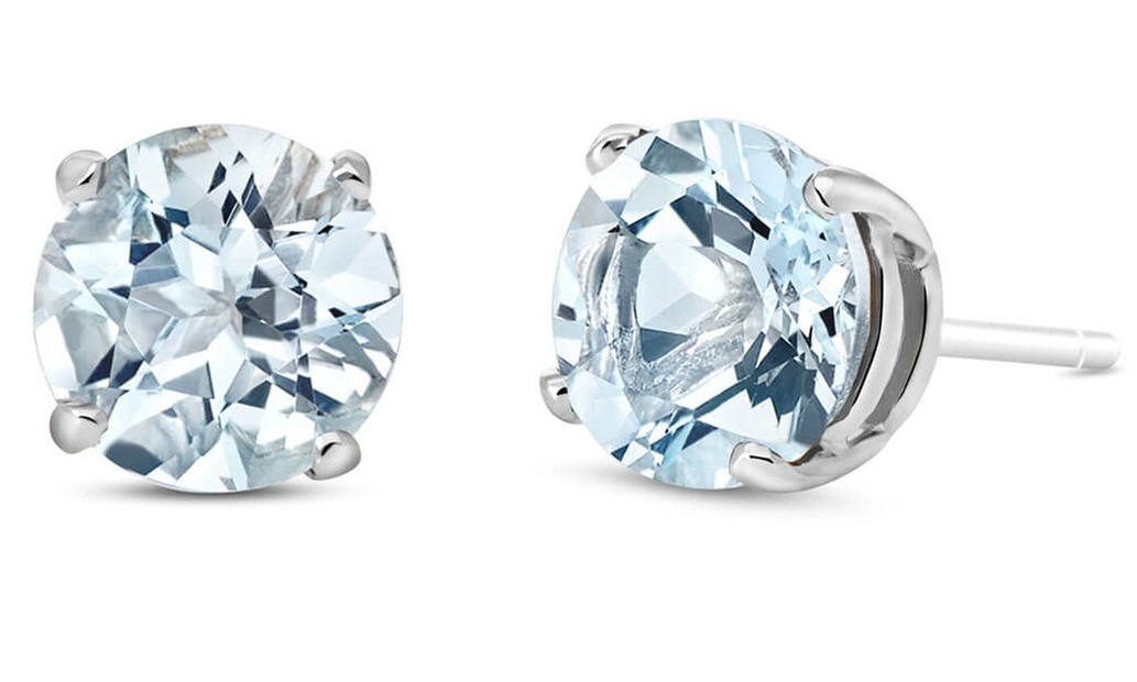 Paris Jewelry 14k White Gold 4mm Round Aquamarine Stud Earrings