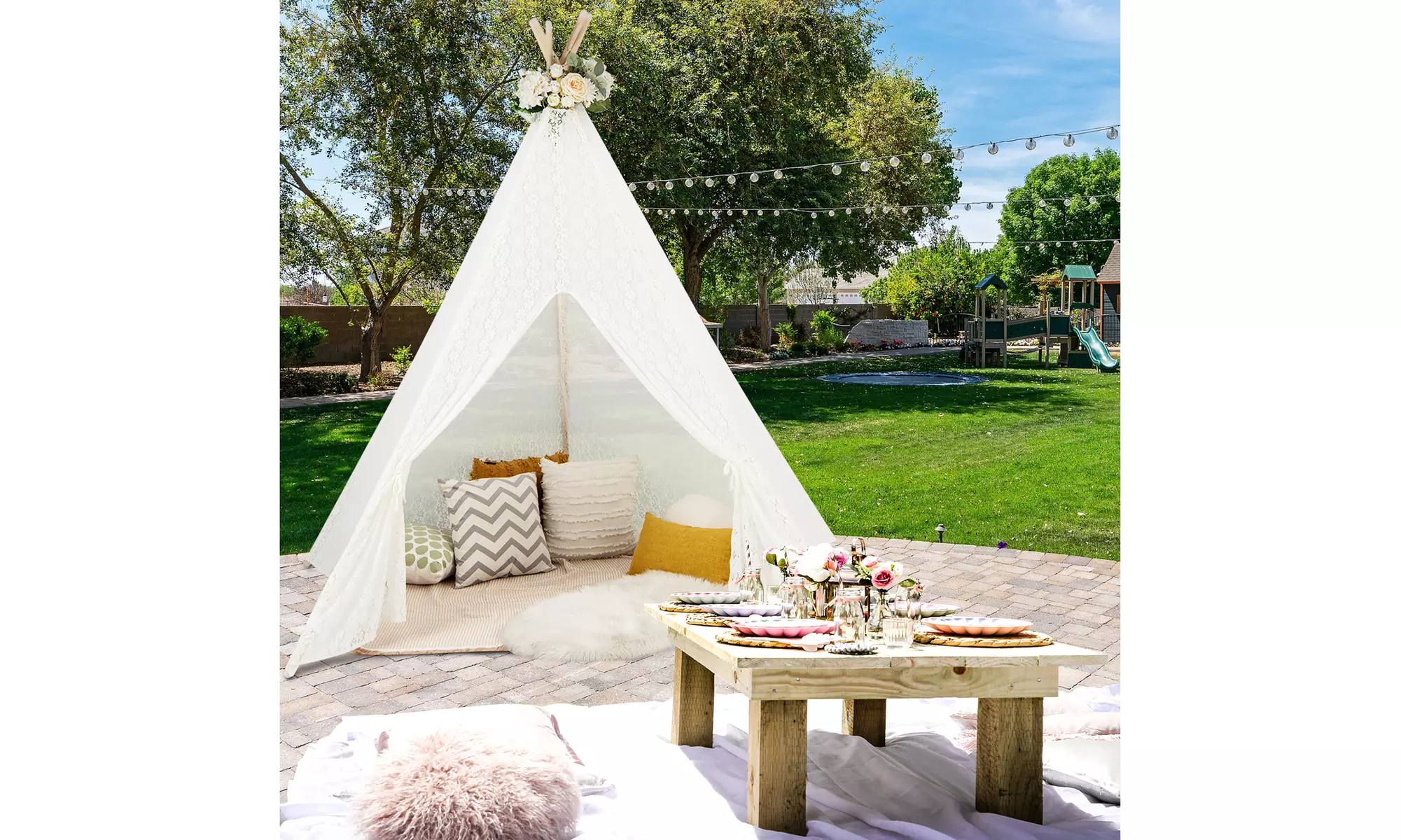 Costway 85'' Height 5 Sides Huge Lace Play Tent for Kids Adult Wedding w/ Light