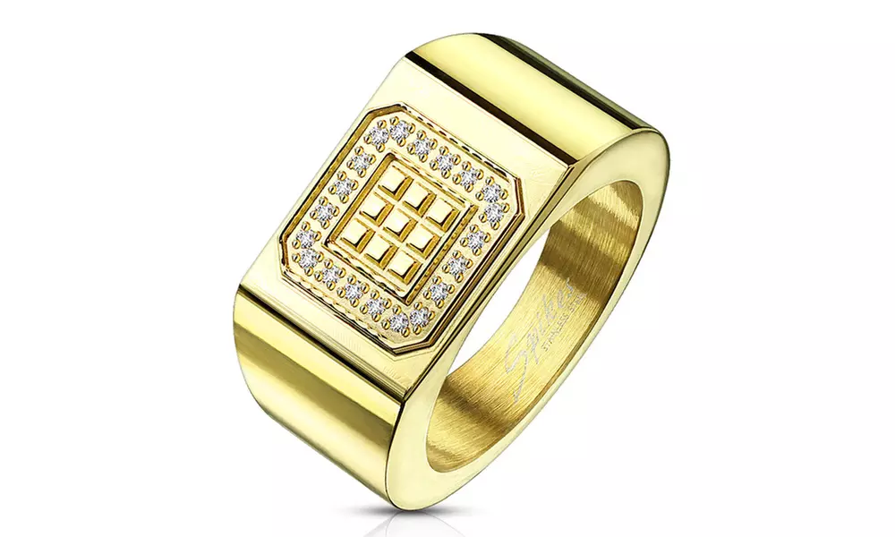 20 CNC Machine Set CZ Outlining Square Blocks Gold IP Wide Stainless Steel Ring - Second Medium