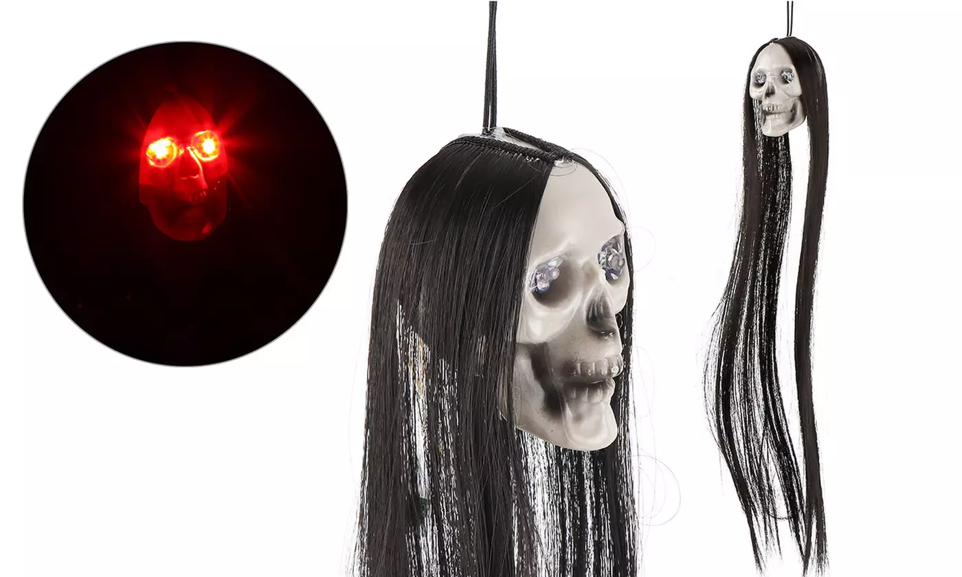 20" Halloween Hanging Ghost LED Glowing Eyes Halloween Prop Skull Scray Hair