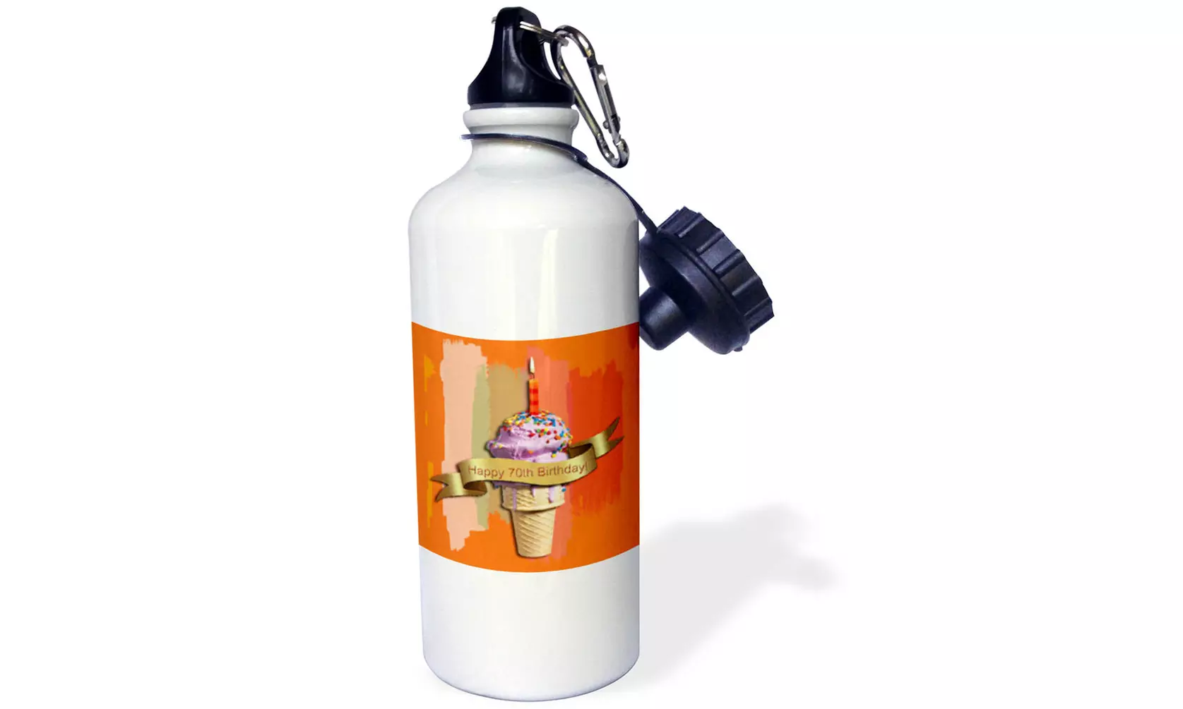 Water Bottle Happy 70th Birthday, Strawberry Ice Cream Cone on Abstract, Orange - Primary Image