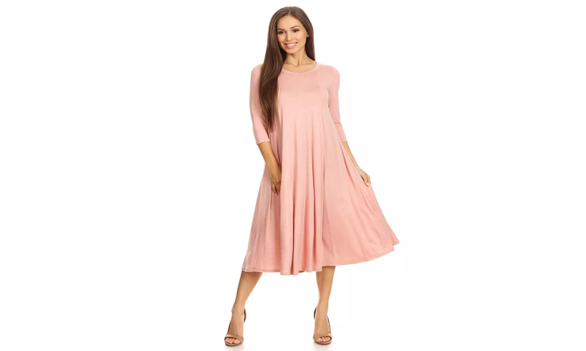 Women's Solid Casual Comfy 3/4 Sleeve Loose Fit A-line Midi Dress