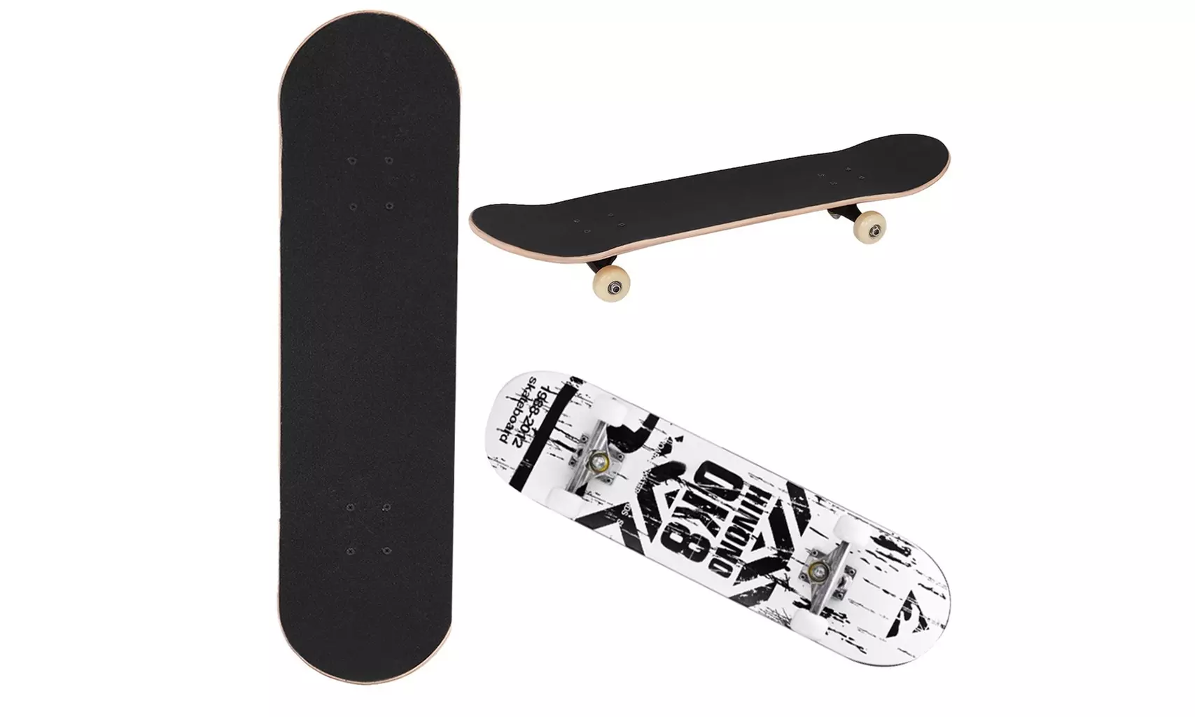 OK8 White Skateboard Top Stained BLACK 31.5in Skateboards, Ready To Ride New - Primary Image