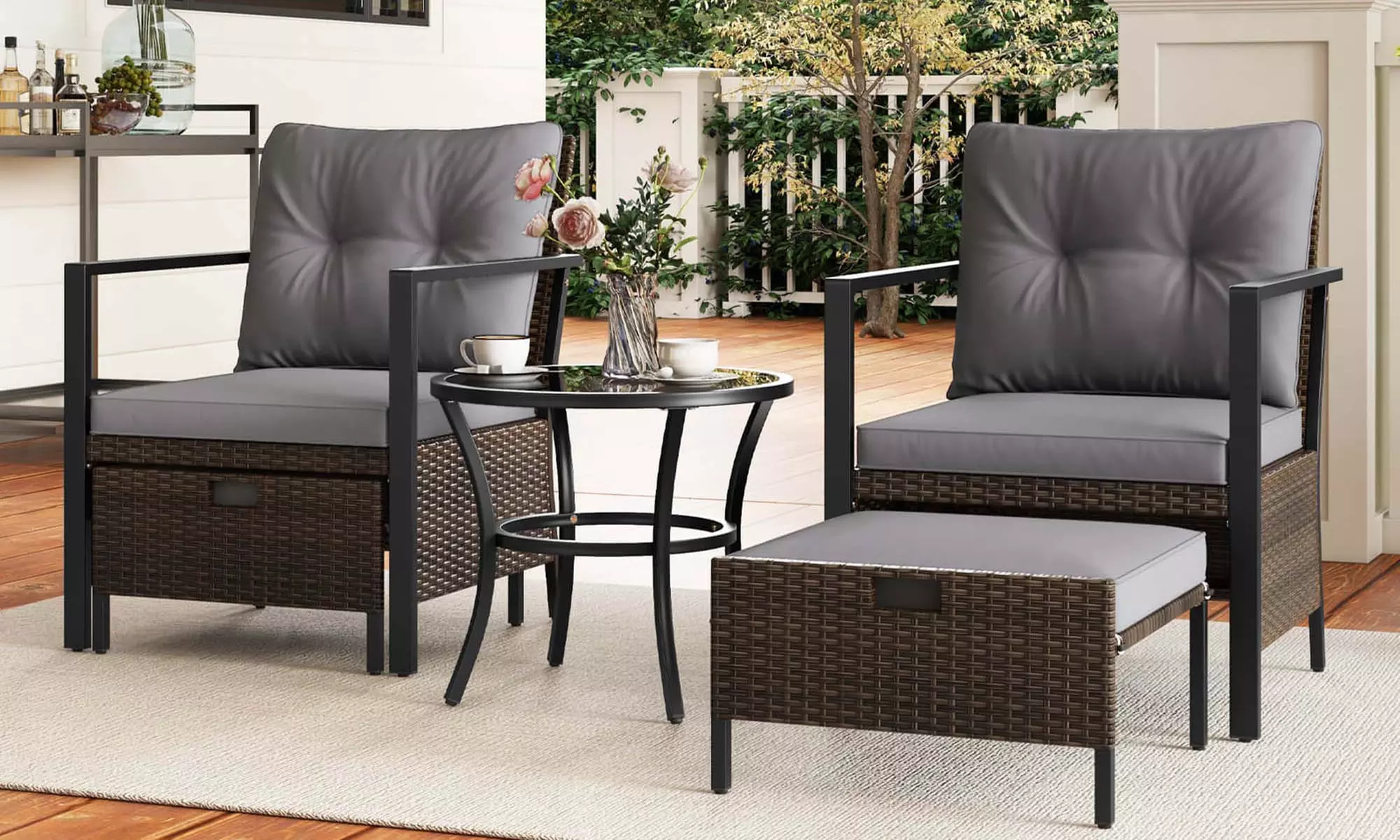 Costway 5 PCS Outdoor Furniture Set Rattan Chairs & Ottomans with Coffee Table