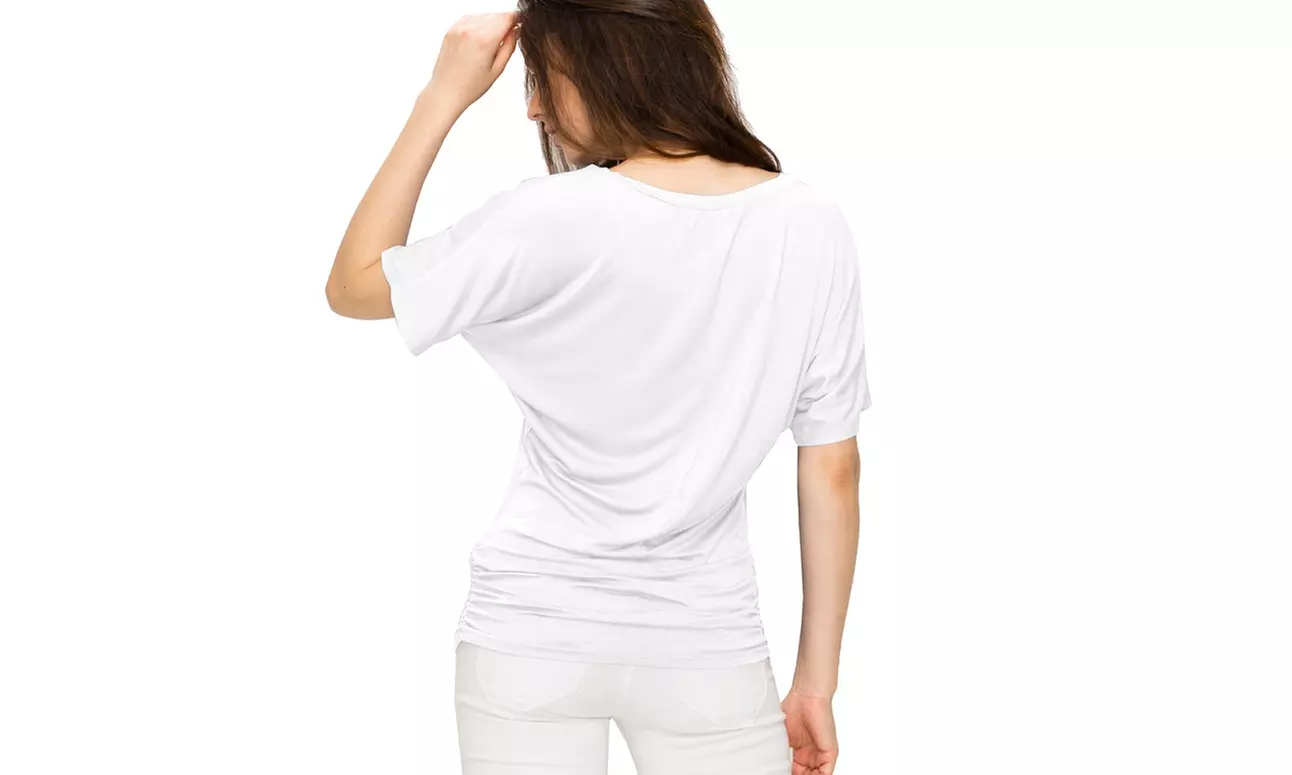 Made by Johnny Womens Solid Short Sleeve V-Neck Dolman Top with Side Shirring