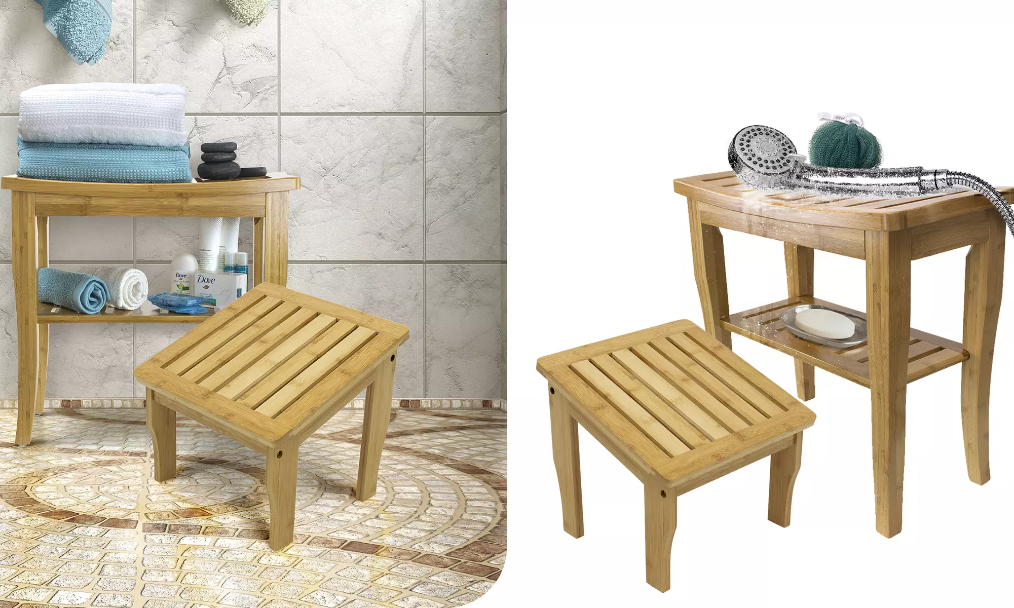 Bamboo Shower Bench & Foot Stool - Wood Waterproof Bathroom Seat & Storage Shelf - Primary Image