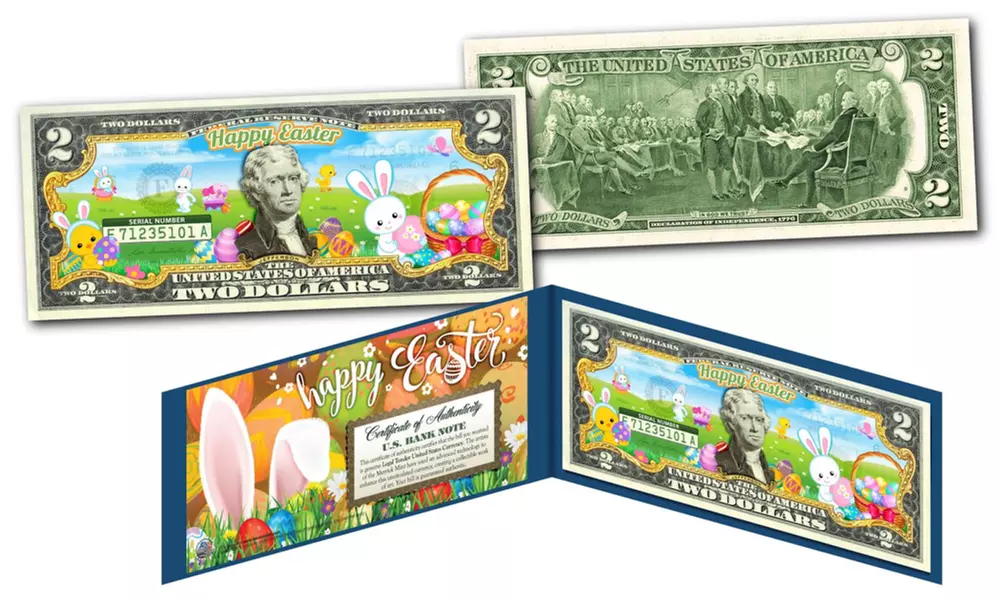 HAPPY EASTER Eggs/Bunnies or Kids/Cartoon Legal Tender U.S. Two-Dollar Bill