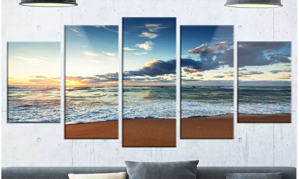 Sunrise and Glowing Waves in Ocean - Multipanel Seascape 5 Panel Metal Wall Art - Primary Image
