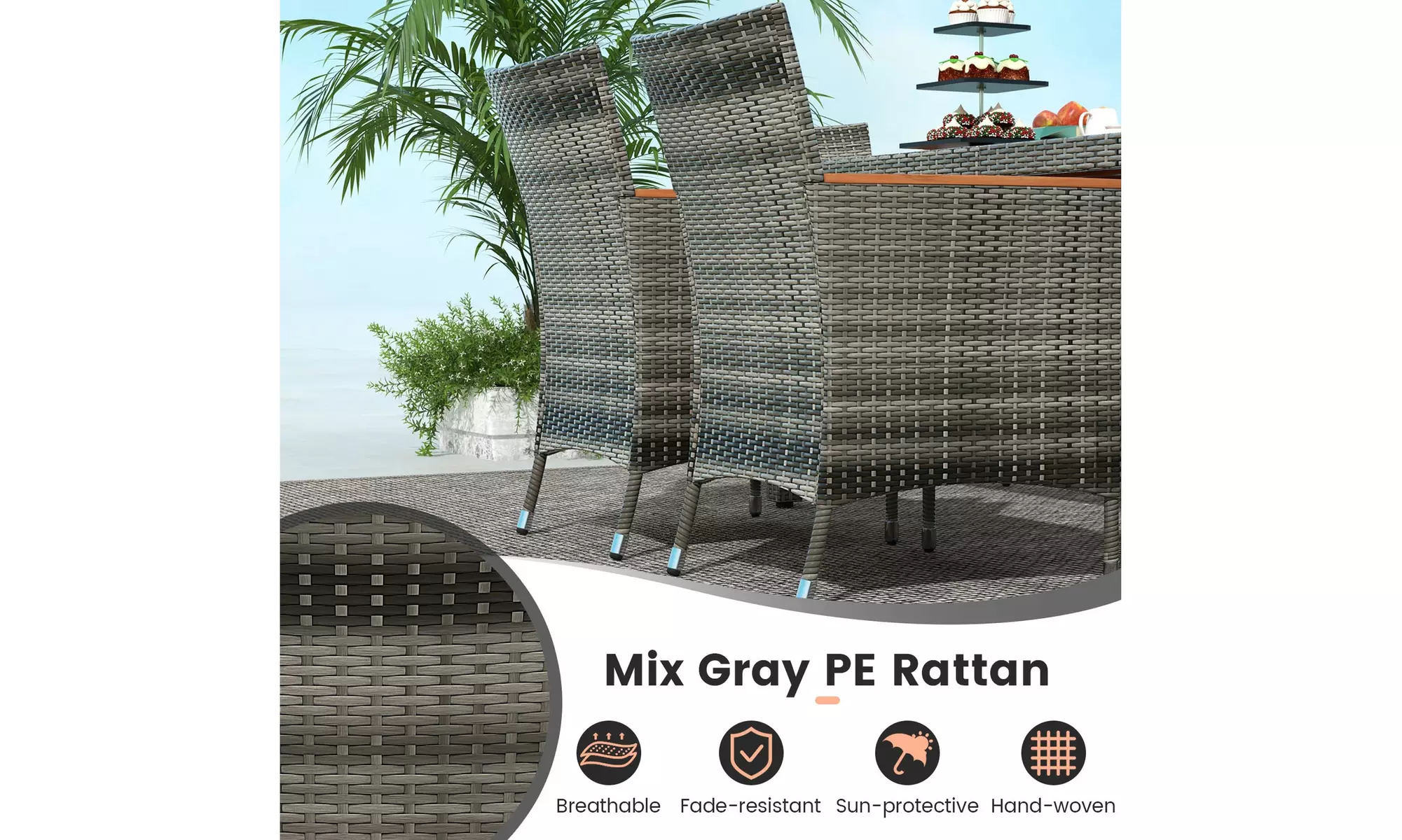 Costway 7 Pieces Outdoor Wicker Dining Set with Acacia Wood Table and 6 Chairs