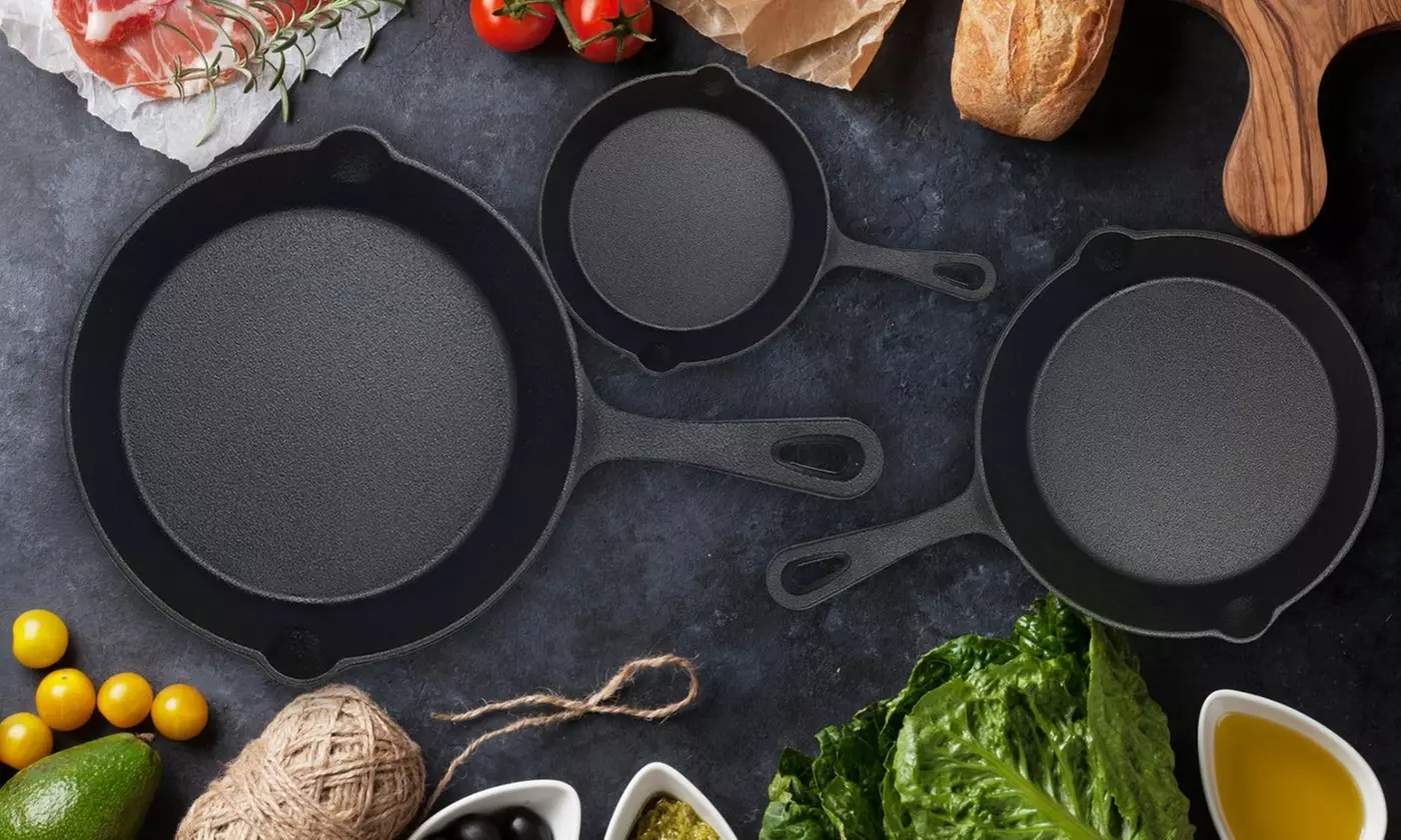 NewHome 3-Piece Pre-Seasoned Non-Stick Cast Iron Skillet Set (6", 8", 10")