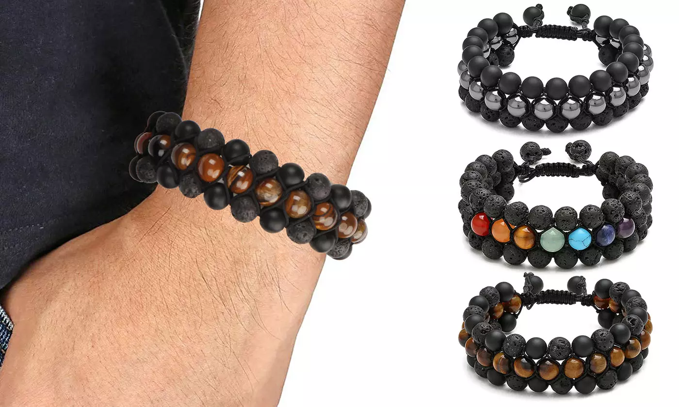 Adjustable Chakra Natural Tigers Eye Gemstone Onyx Charm Bracelet