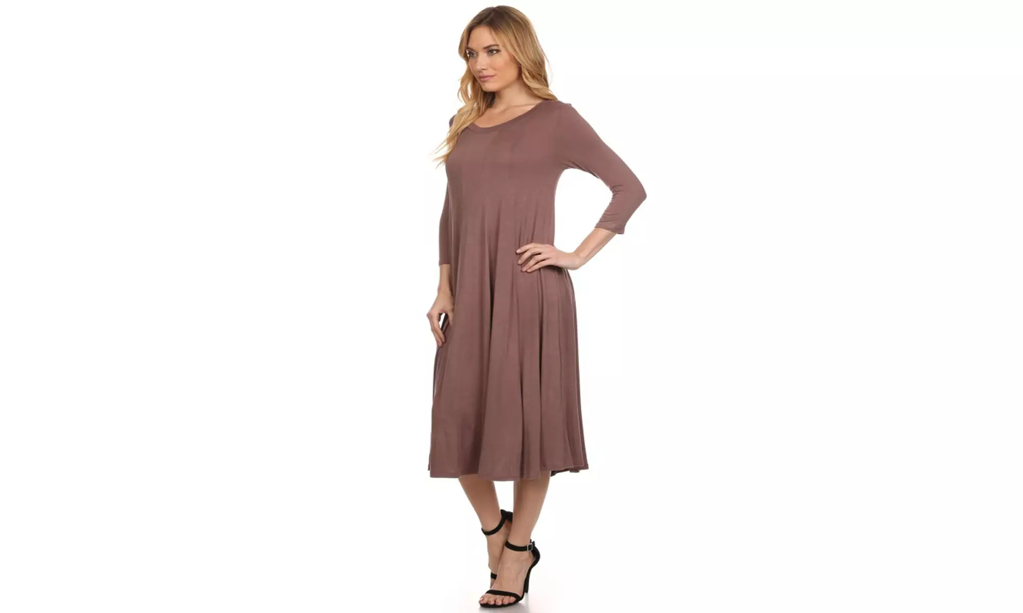 Women's Solid Casual Comfy 3/4 Sleeve Loose Fit A-line Midi Dress