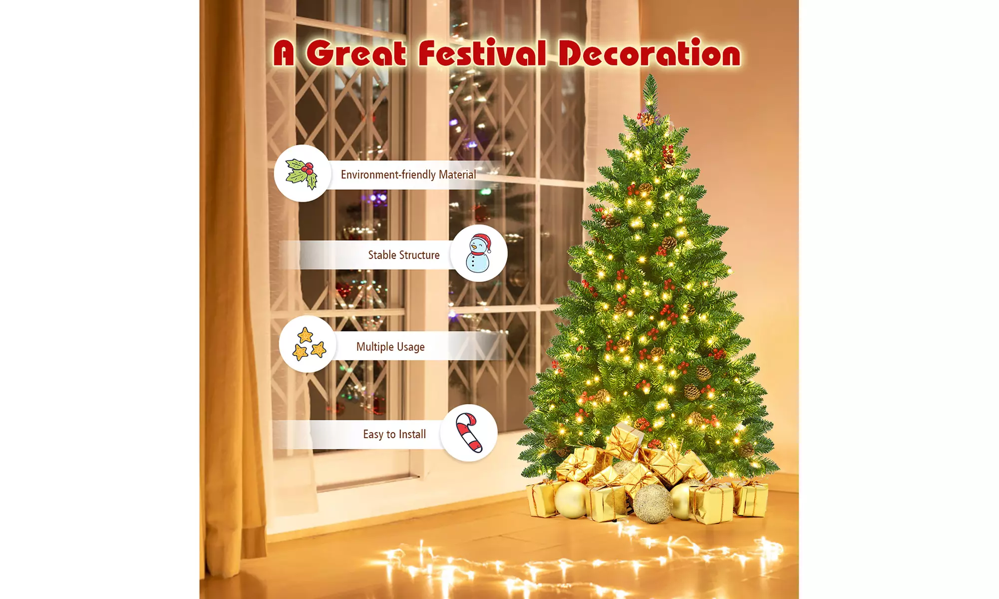 Costway 4.5Ft Pre-lit Hinged Christmas Tree w/ Pine Cones Red Berries