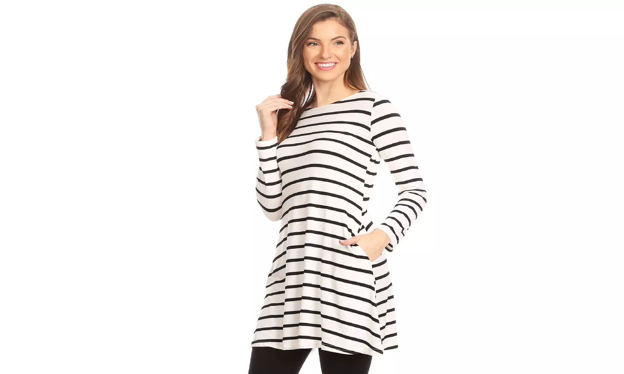 Striped A-Line Pockets Long Sleeves Relaxed Fit Dress Tee Top