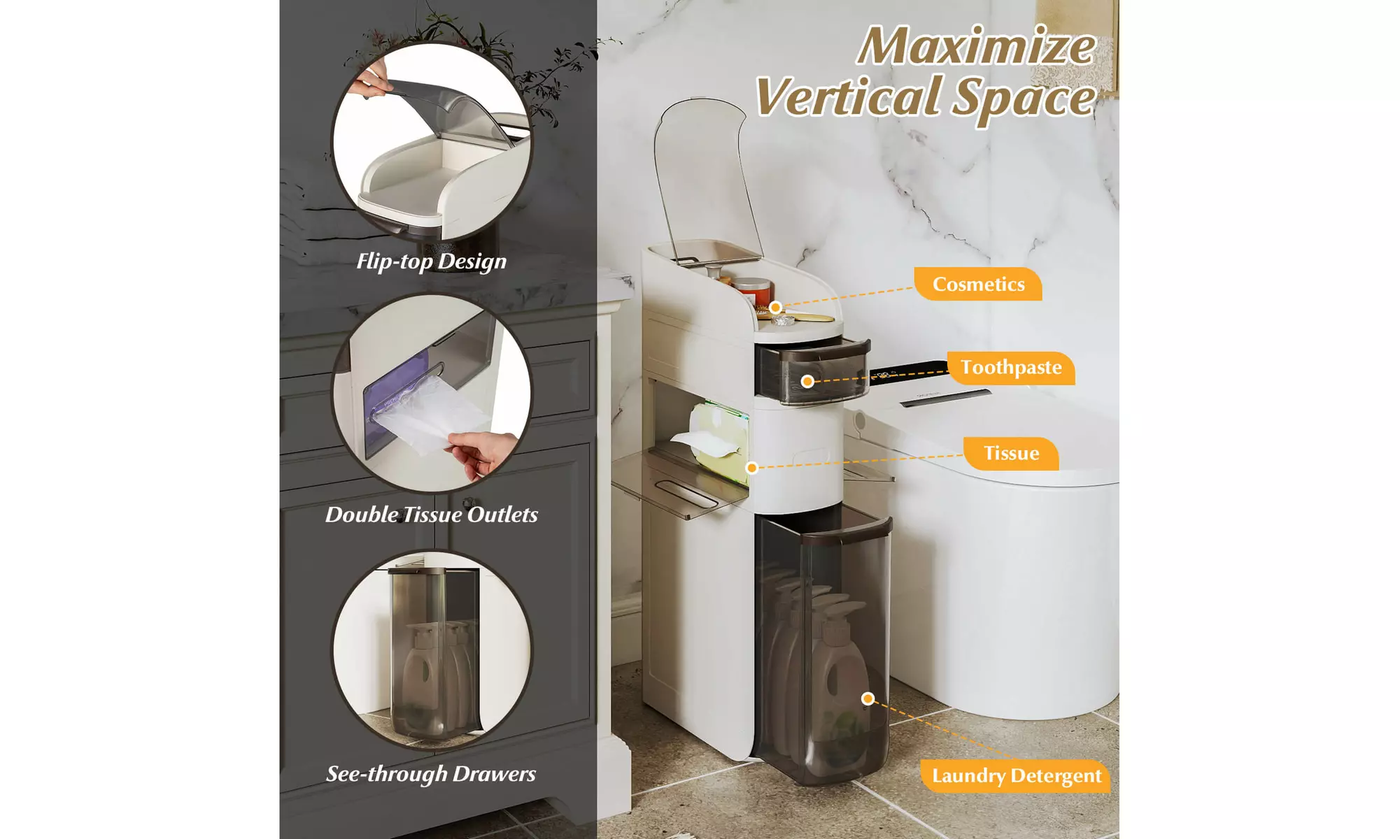 Costway Narrow Bathroom Storage Cabinet with Drawers Tissue Box Wheels