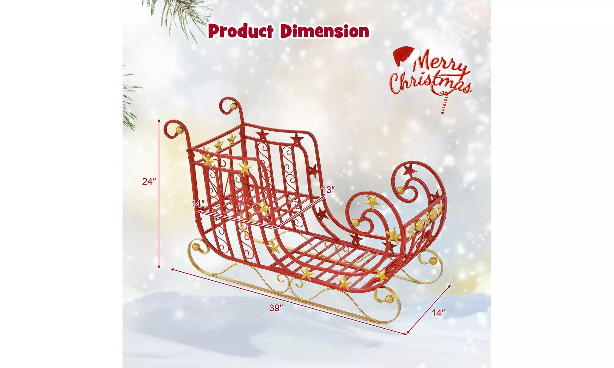 Costway Red Santa Sleigh w/ Large Cargo Area Gifts Metal Christmas Holiday Decor
