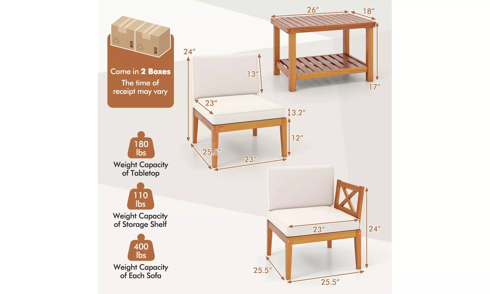 Costway Acacia Wood Patio Furniture Set with Cushions and 2-Tier Coffee Table