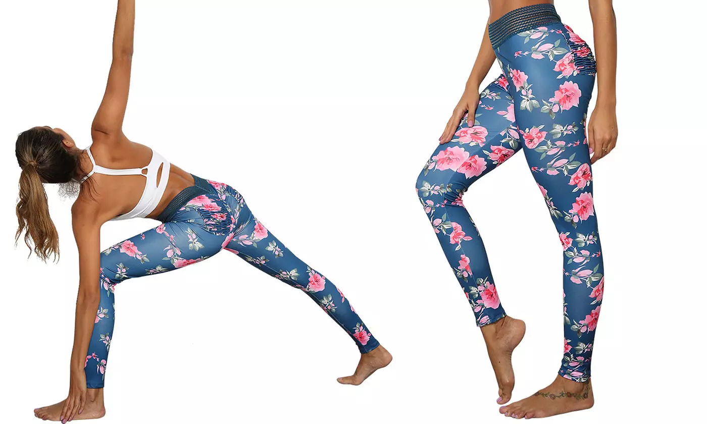 Womens Floral Ruched Butt Lifting Leggings High Waisted Tummy Control Pants - Primary Image