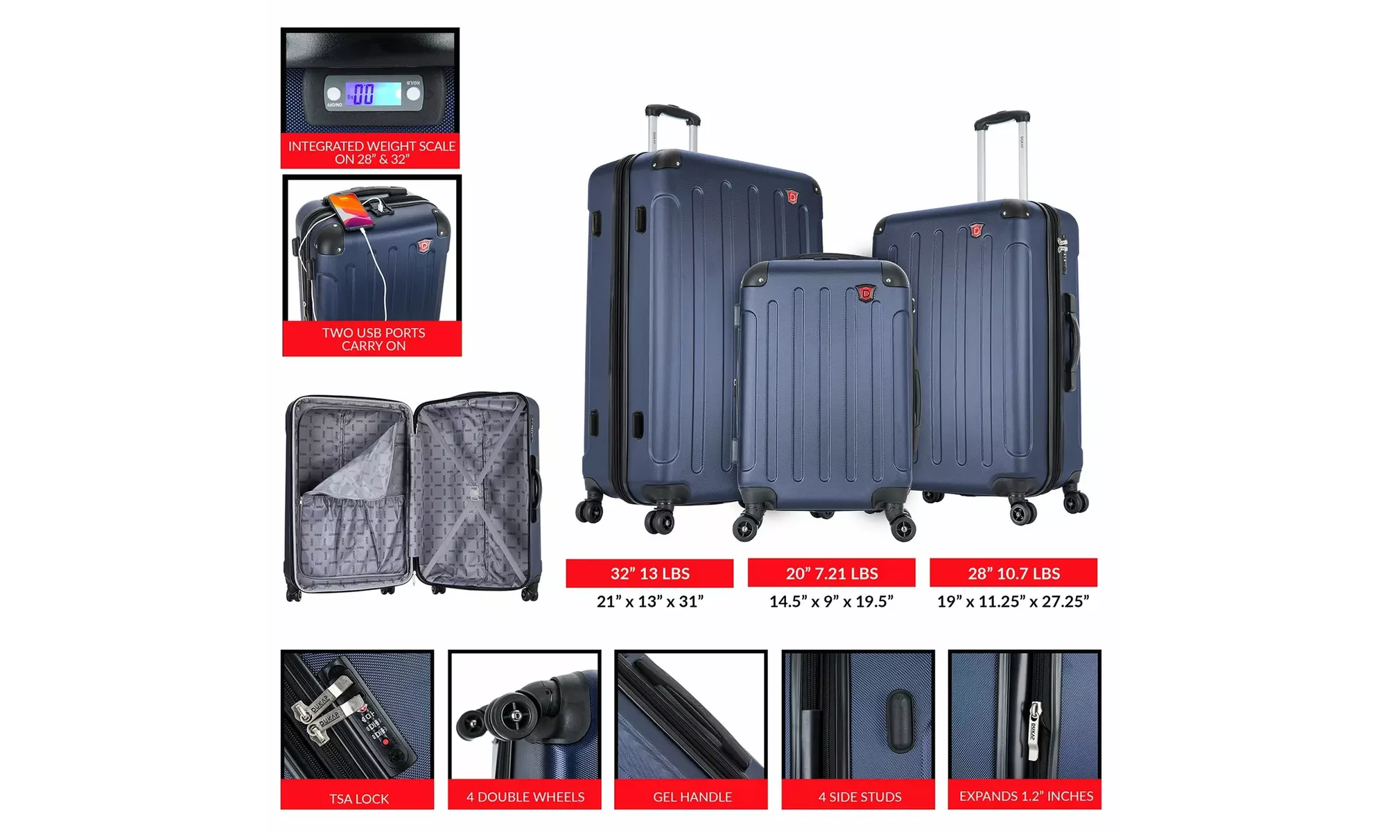 Three-Piece DUKAP Intely Smart Hardside Luggage Set 20"/28"/32"