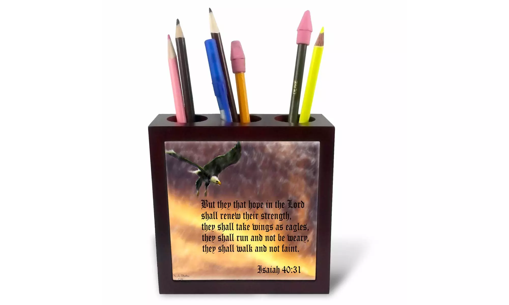  Tile Pen Holder - Isaiah 40-31 Bible verse with eagle against a troubled sky - Primary Image