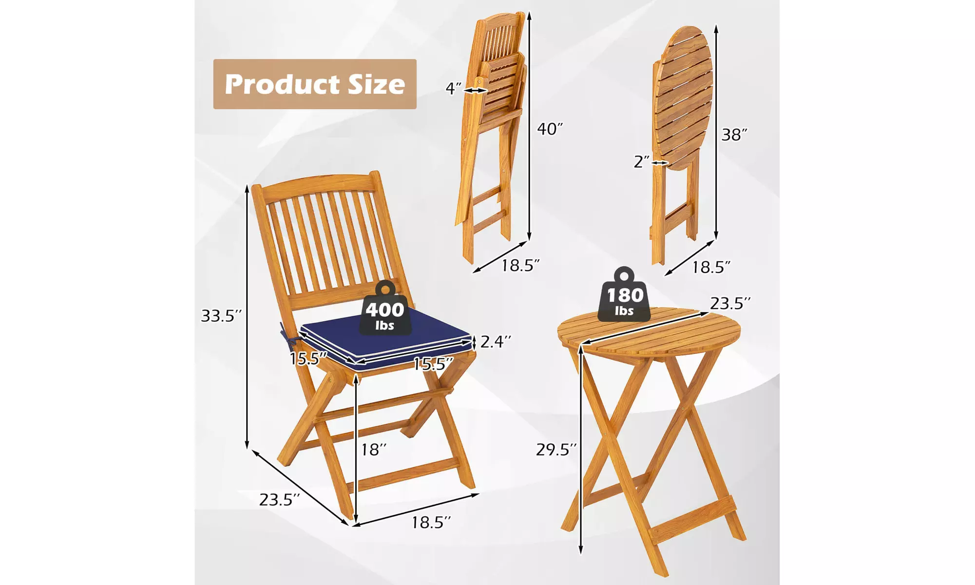 Costway Outdoor Folding Chairs Acacia Wood High-Back Chair with Seat Cushions