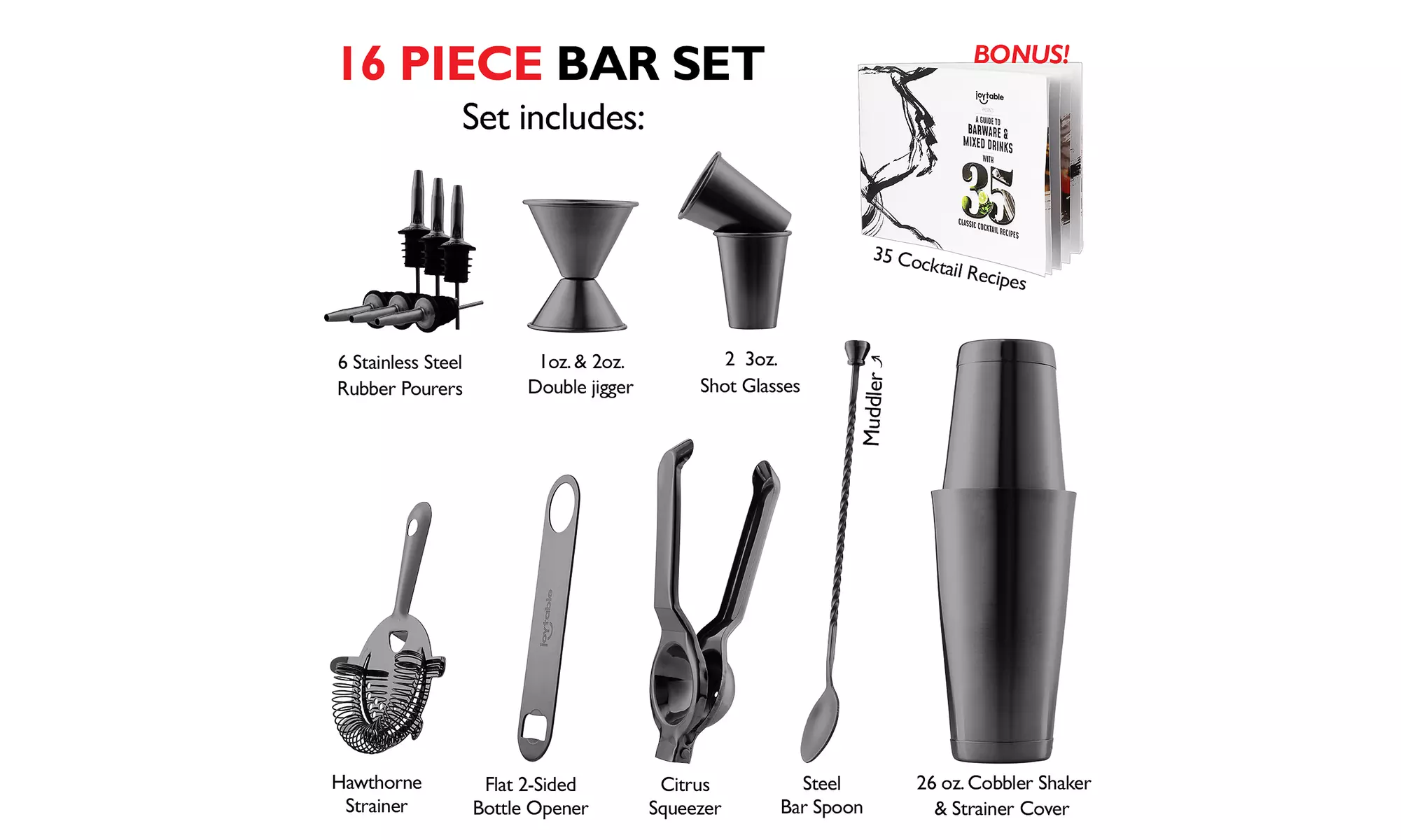 JoyTable Cocktail Shaker Home Bar Set - 16 Piece Bar Set Tools Bartender Kit 