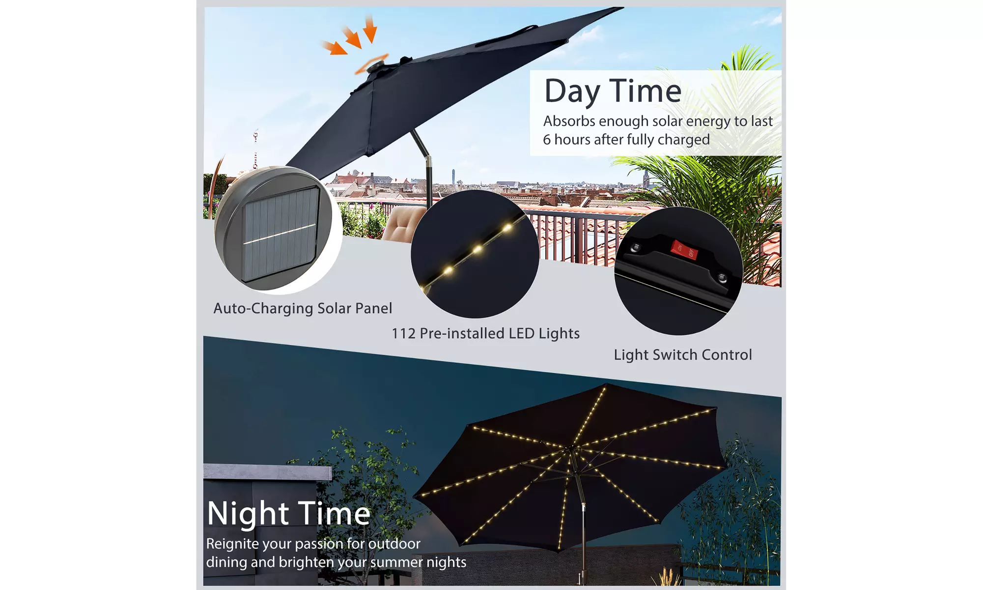 Costway 10 FT LED Solar Lighted Patio Umbrella With Crank Tilt