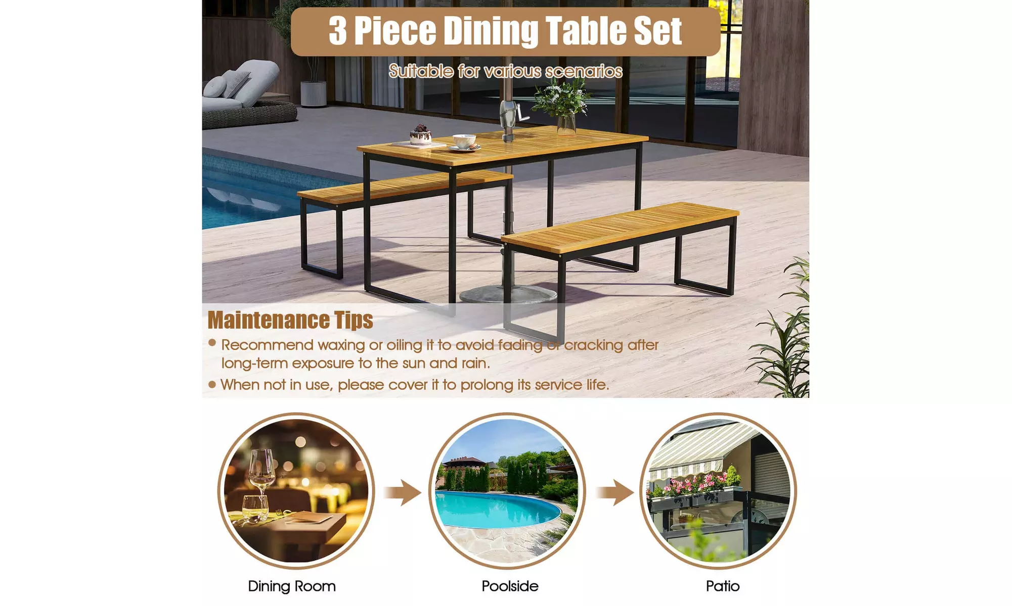Costway 51" Wooden Outdoor Bench Patio Dining Bench with Acacia Wood Seat