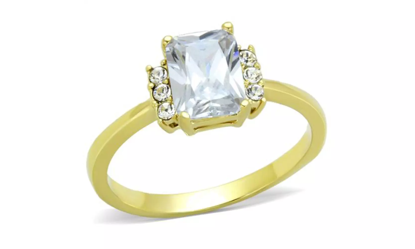 1.7Ct Emerald Cut Zirconia Stainless Steel Gold Plated Engagement Ring - Primary Image