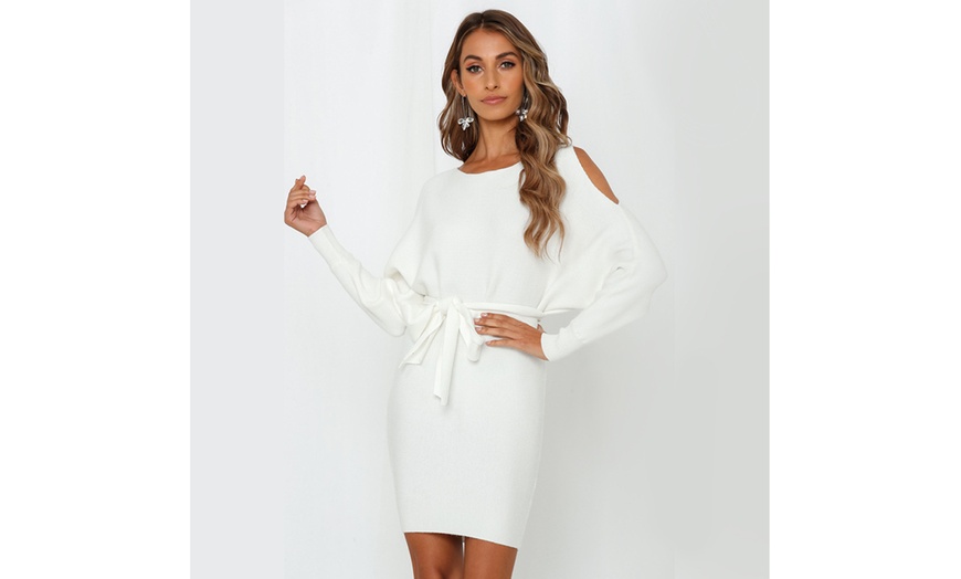 Image 6: Womens Off The Shoulder Dresses Sexy Round Neck Long Sleeves Mini Bodycon Dress 