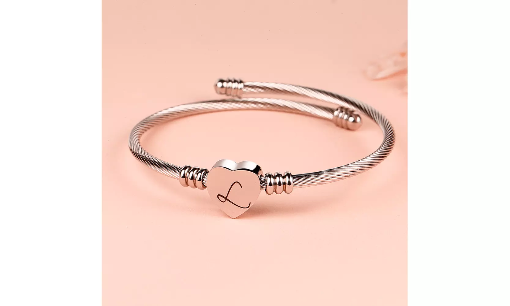 Twisted Steel Heart Cable Initial Bracelet
