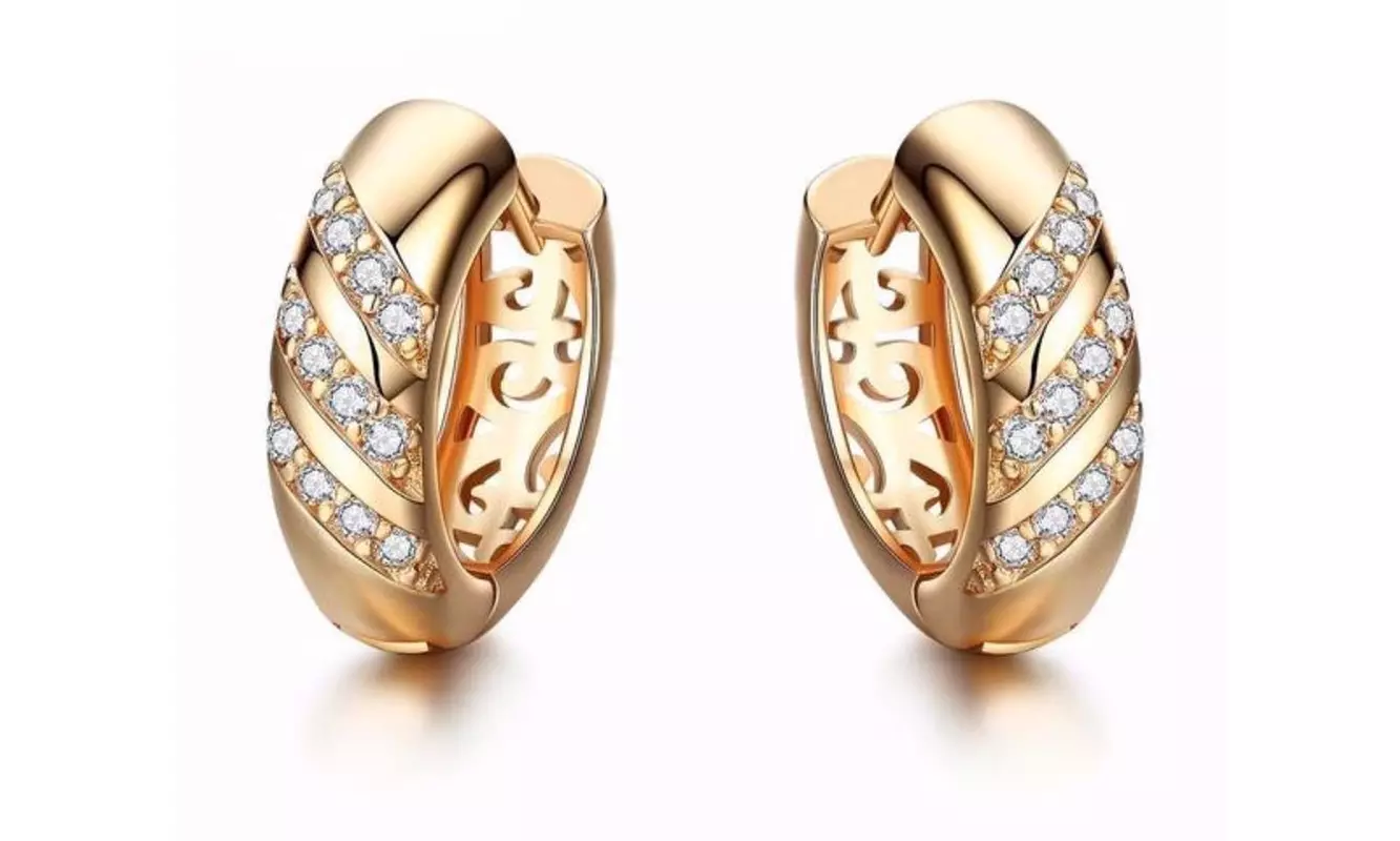 18K Gold CZ Crystal 3-Row Hoop Huggie Earrings