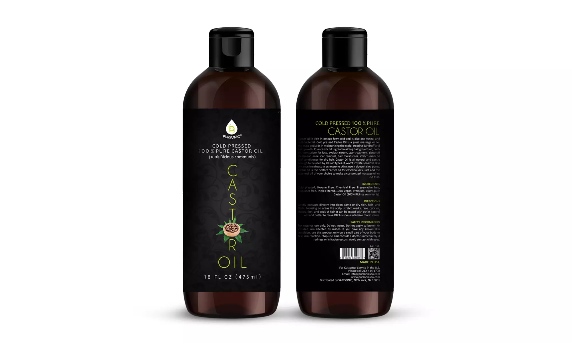 Pursonic Cold Pressed 100% Pure Castor Oil 16 OZ (1- or 2-Pack) - Primary Image
