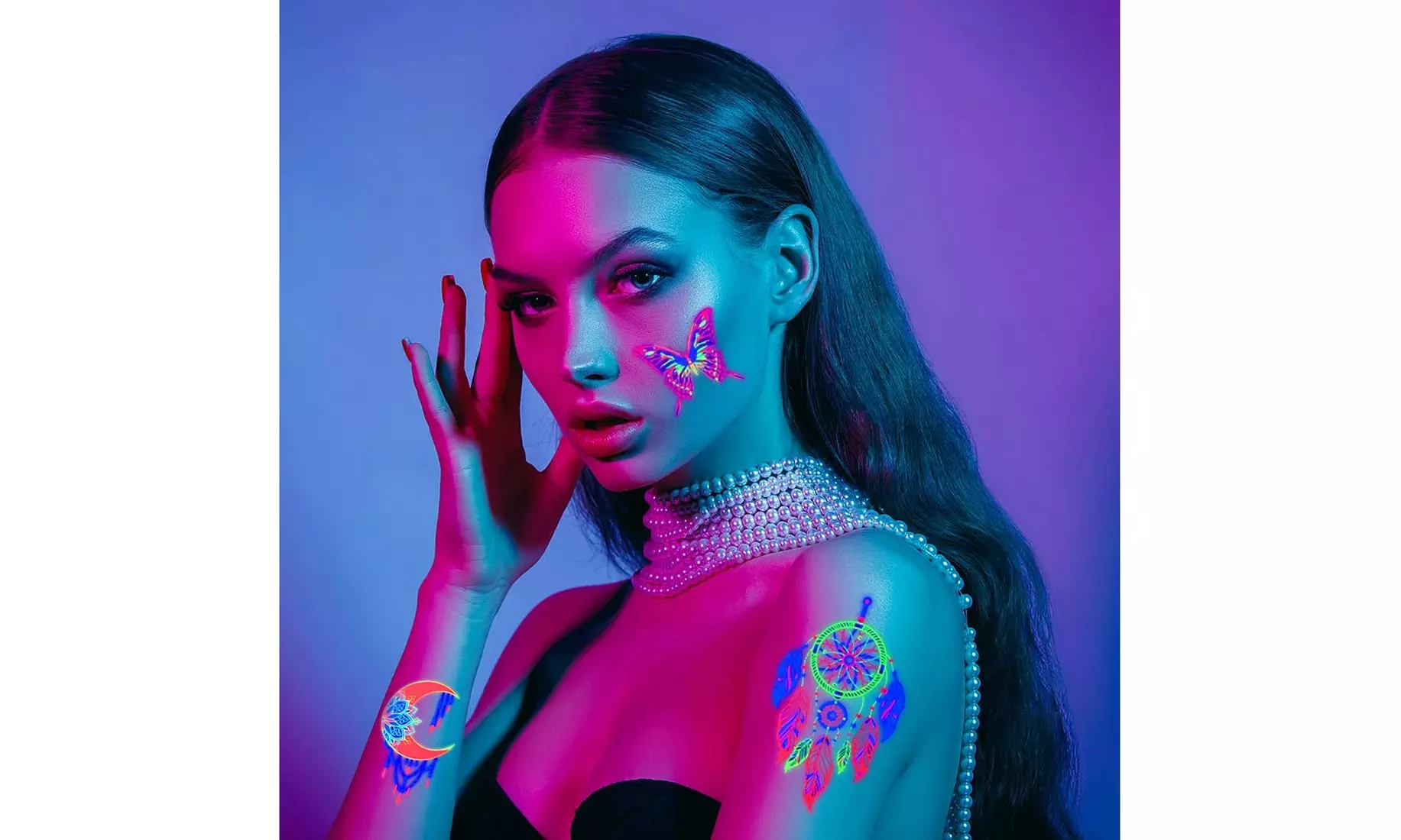 4 Sheet Neon Temporary Tattoo , UV Glow in the Dark Women Fake Tattoo - Second Medium