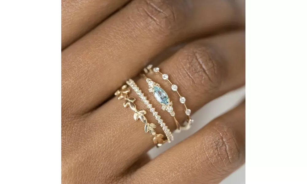 4 Pieces/Set Womens 18K Gold Natural Aquamarine Diamond Ring Set - Second Medium