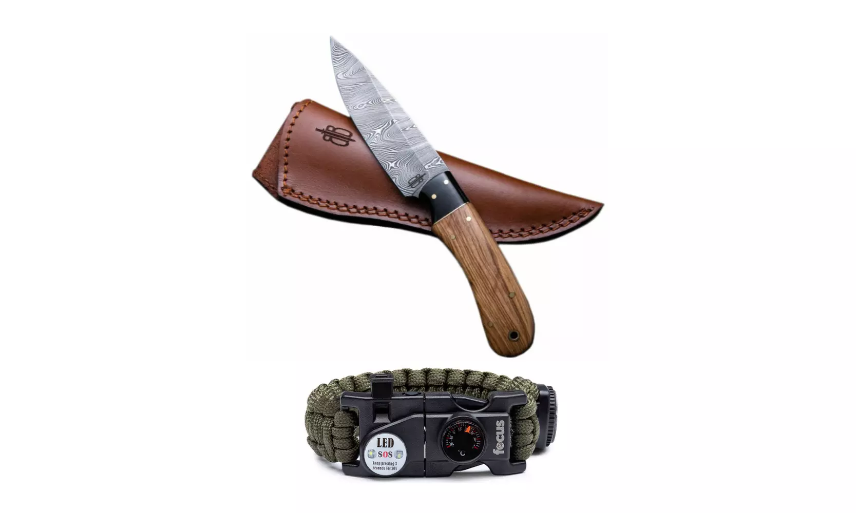 BucknBear Fixed Blade Damascus Hunting Knife and Multi-Tool Paracord Bracelet - Primary Image