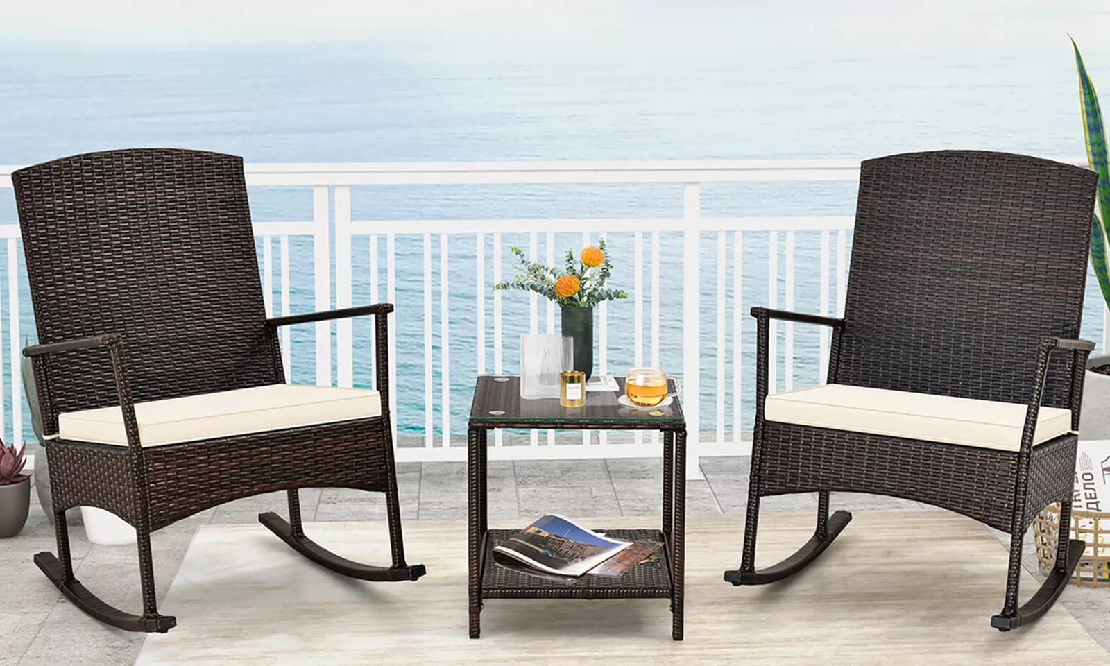 Costway 3 Piece Wicker Patio Set With Rocking Chairs & 2-Tier Coffee Table